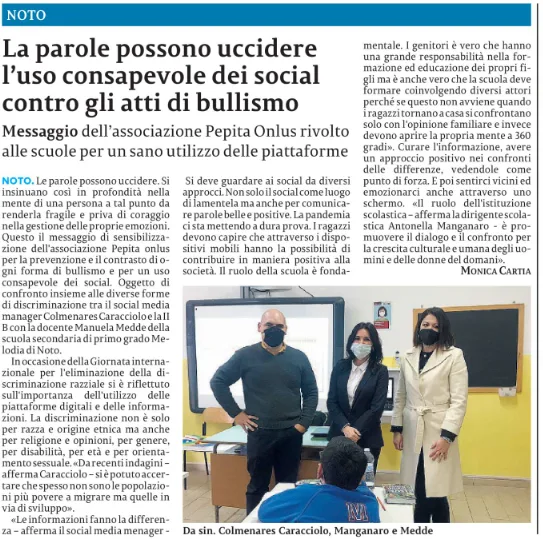 Articolo del quotidiano La Sicilia su uso consapevole dei social e contrasto al bullismo con intervento di Caracciolo Colmenares