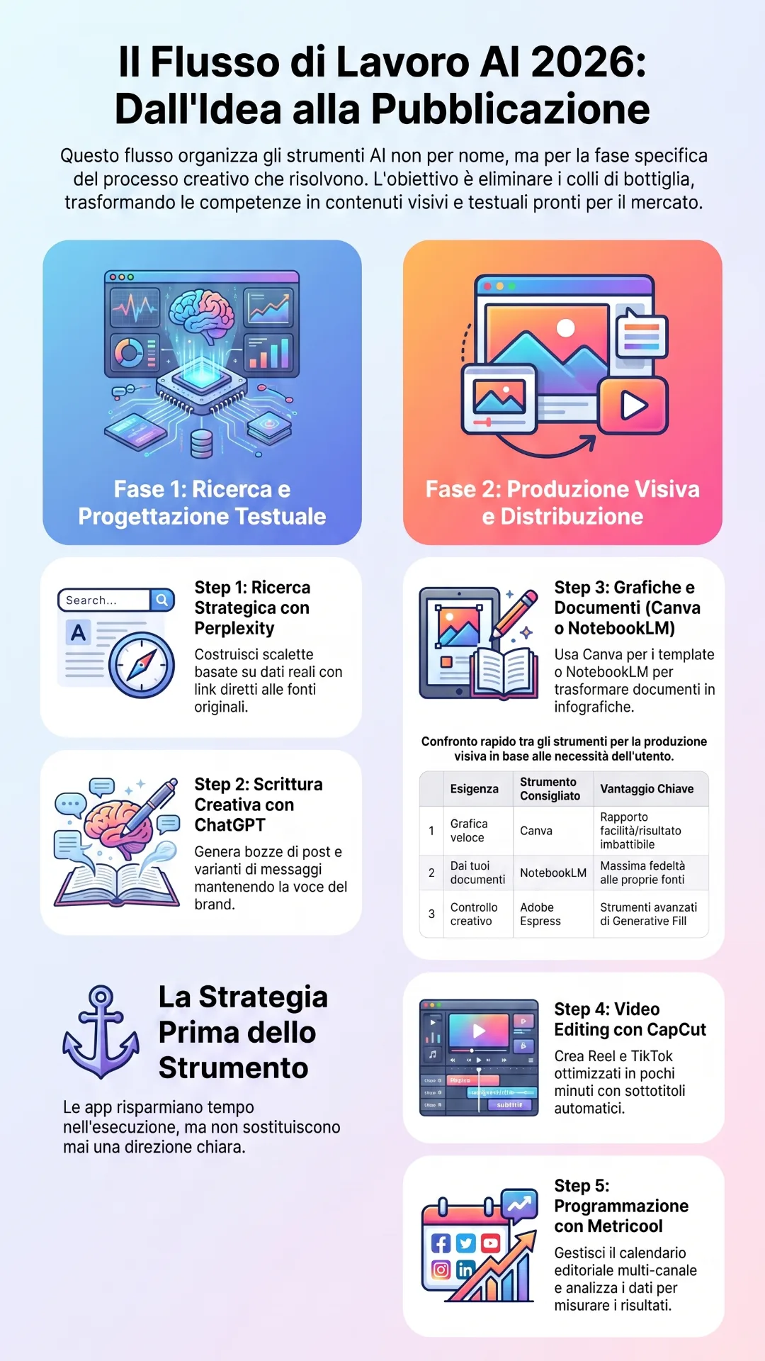 Flusso completo per creare contenuti con Perplexity, ChatGPT, Canva, CapCut e Metricool