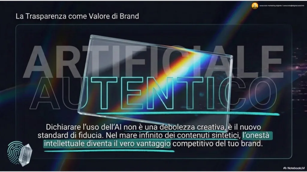 Diapositiva intitolata La Trasparenza come Valore di Brand. Dichiarare l'uso dell'AI è il nuovo standard di fiducia e l'onestà intellettuale è il vero vantaggio competitivo